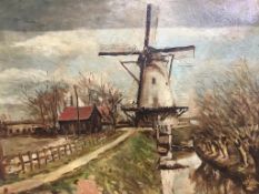 Rene (Woay?), oil on canvas, signed, date **14, 'Dutch canal scene with Windmill', 45 x 59cm