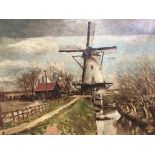 Rene (Woay?), oil on canvas, signed, date **14, 'Dutch canal scene with Windmill', 45 x 59cm