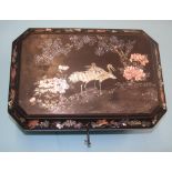 Oriental lacquered jewellery box, decorated with inlaid mother of pearl