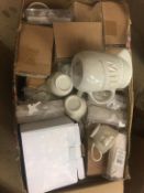 Three boxes of as new Curtains, china and Christmas decorations