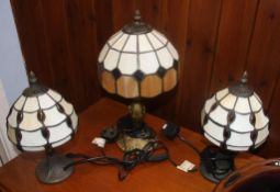 Three small table lamps, with Tiffany glass style shades