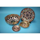 A Royal Crown Derby Imari octagonal bowl, a side plate and two dishes (4)