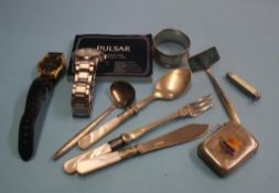 Assorted cutlery, a Vesta, wristwatches etc.