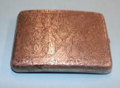 A white metal cigarette case, decorated with Middle Eastern scenes, weight 128.3 grams