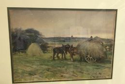 David Thomas Robertson (1879-1952), watercolour, signed, 'Harvest time loading the carts', 28 x