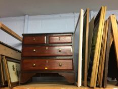 Small mahogany chest of drawers and various pictures and prints