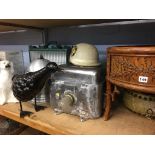 Shelf of assorted including vintage helmet, pot dog, planter etc.