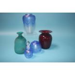 Three pieces of Wallace and Saunders Art glass, a (Michael) Nourot ruby red glass vase and green