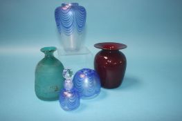Three pieces of Wallace and Saunders Art glass, a (Michael) Nourot ruby red glass vase and green