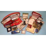 Box of assorted costume jewellery, wristwatches etc.