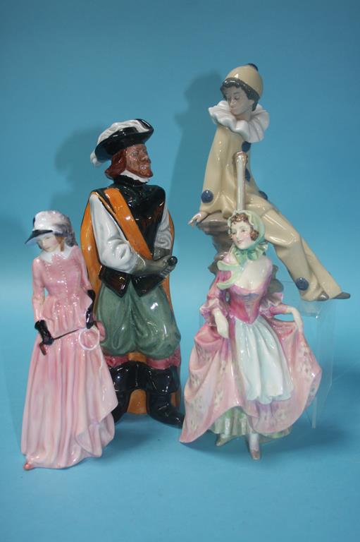 A Royal Doulton figure 'Suzette', HN 1487, 'Maureen' HN 1770, 'Cavalier' HN 2716 and a Nao figure