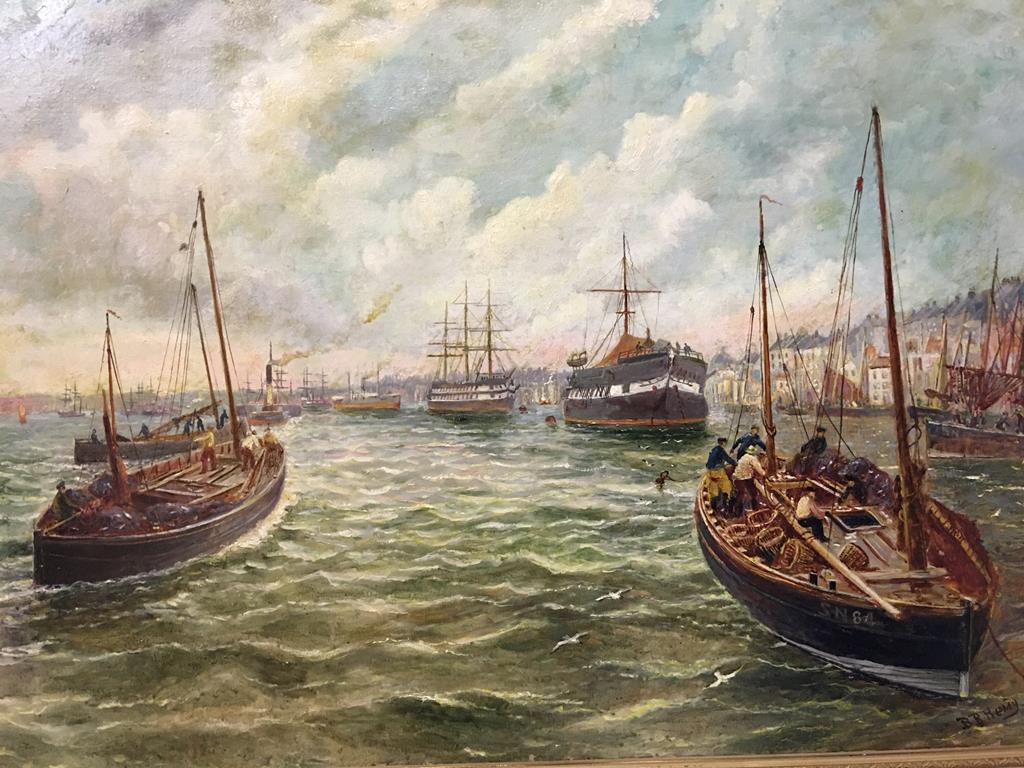 Bernard Benedict Hemy (1845-1913), oil on canvas, signed, 'Fishing Vessels and Steamship on the busy