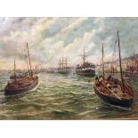Bernard Benedict Hemy (1845-1913), oil on canvas, signed, 'Fishing Vessels and Steamship on the busy