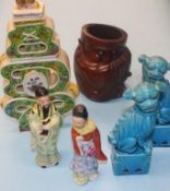 Oriental items, including pair of Dogs of Fo, carved brush pot etc.