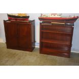 A reproduction mahogany open bookcase and a two door cabinet