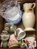 Box of assorted including Clarice Cliff jug, Noritake etc.