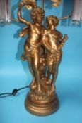 An ornate gold painted Cherub table lamp, with decorative style pendant drops