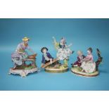 A Continental porcelain group of a boy and girl on a see saw, another of a girl seated collecting