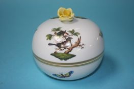 A small Herend porcelain circular box and cover, decorated with butterflies and birds, 11cm