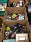 Three trays including enamelled glass, Royal Crown Derby clock etc.