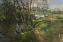 Walter Holmes, pastel, landscape, River with Alnwick Castle in background, 77cm x 59cm