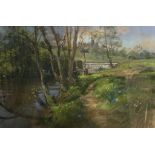 Walter Holmes, pastel, landscape, River with Alnwick Castle in background, 77cm x 59cm