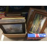 Two boxes of assorted pictures etc.
