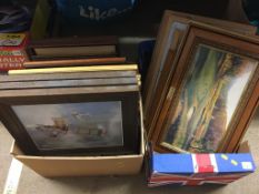 Two boxes of assorted pictures etc.