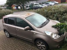 A Nissan Note N-TEC, registered 10th June 2010, petrol, no tax, no MOT, mileage 25,579