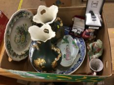 Box of assorted including pair of vases, Masons plate etc.