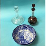 A Cranberry coloured etched decanter, a Ships decanter and an 'Abbey' blue and white bowl (3)