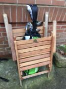 Pair of teak garden chairs and various golf clubs