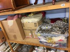 Four boxes of assorted linen, Durham quilt etc.