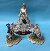 A Capo di Monte figure of a Lady and a pair of Italian figures on rearing horses (3)