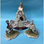 A Capo di Monte figure of a Lady and a pair of Italian figures on rearing horses (3)