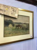 David Robertson, watercolour, rural landscape with horse clearing Hay, 57cm x 46cm