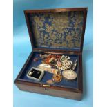 Mahogany jewellery box containing cameo earrings, filigree bracelet, DLI sweetheart brooch etc.