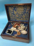 Mahogany jewellery box containing cameo earrings, filigree bracelet, DLI sweetheart brooch etc.
