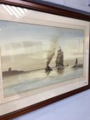 Tom Wilkinson, watercolour, 'Tug Towing a barge into the Tyne', 85cm x 62cm