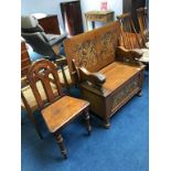 An oak Monks bench and an oak hall chair