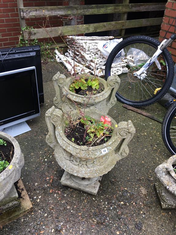 Medium pair of composite gardens urns, with handles