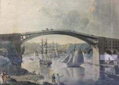 Hand tinted print, after Nicholson, 'South East View of Sunderland Bridge', 68cm x 55cm