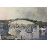 Hand tinted print, after Nicholson, 'South East View of Sunderland Bridge', 68cm x 55cm