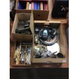 Assorted silver plate and cutlery in three boxes