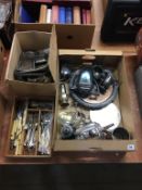 Assorted silver plate and cutlery in three boxes