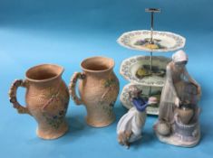 A Crinoline lady three tier cake stand, two Arthur Wood jugs etc.