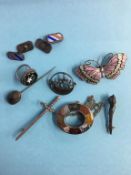 Enamelled butterfly brooch and other silver jewellery