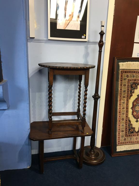 An oak barley twist occasional table, standard lamp etc.