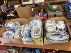 Large quantity of blue and white china in three boxes