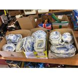 Large quantity of blue and white china in three boxes